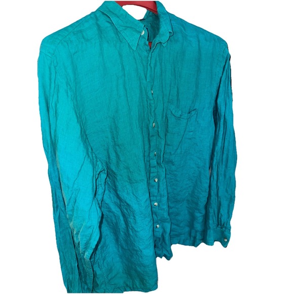 Paul Fredrick Dress Shirt XLT Button Down 100% Linen Green‎ Long Sleeve Wedding - Picture 2 of 6